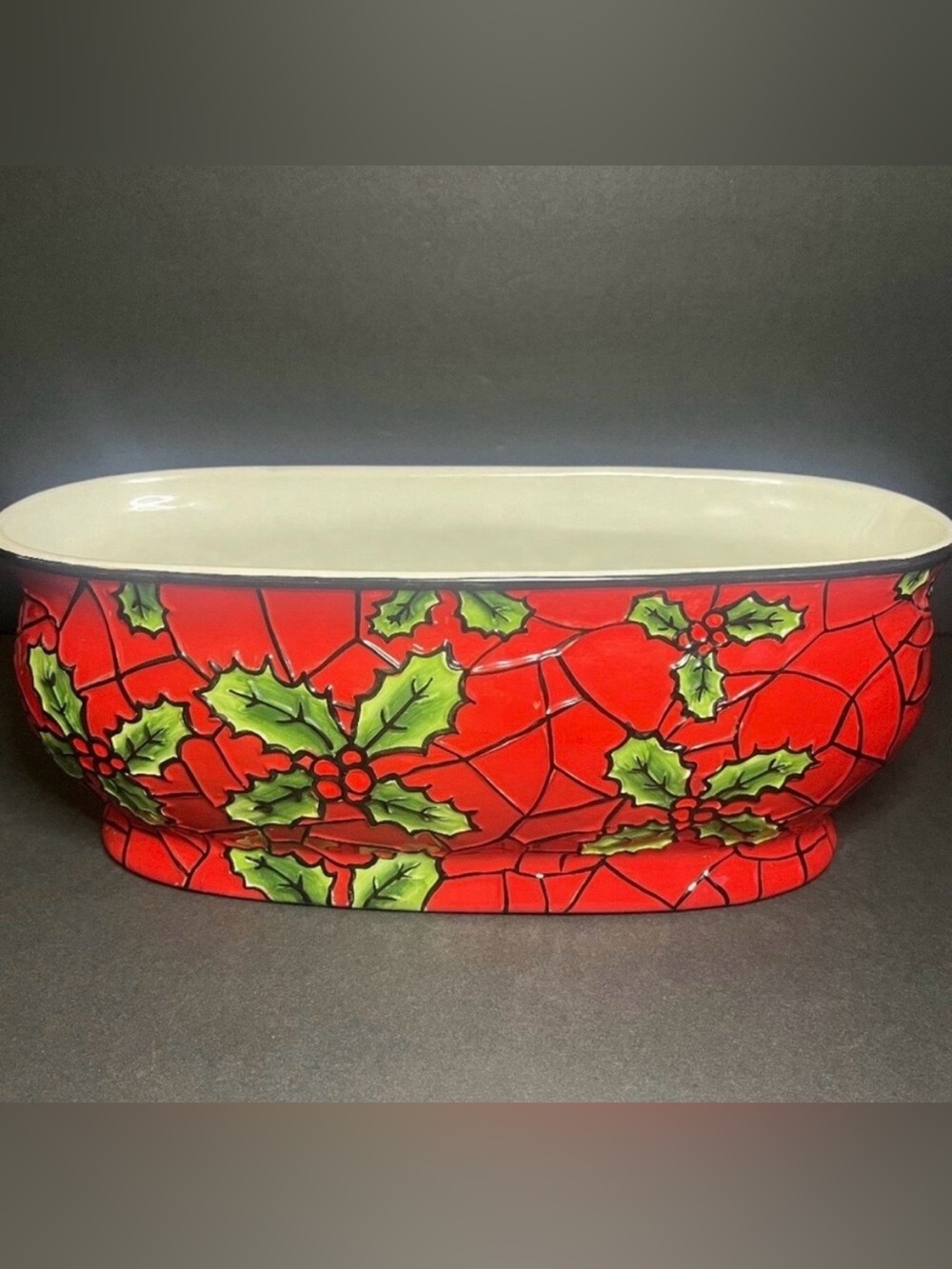 Red Green Ceramic Holly Leaf & Berries Oval Christmas Holiday Planter 13 x 5.25"